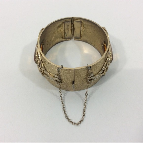 Vintage Whiting And Davis Bangle Bracelet Topaz Stones Safety Chain Art Nouveau - Picture 2 of 8